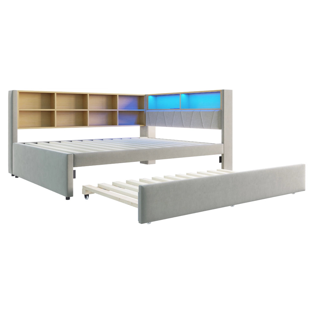 Divano letto multifunzione 140x200 cm con letto estraibile 90x190 cm; LED; grigio chiaro in flanella