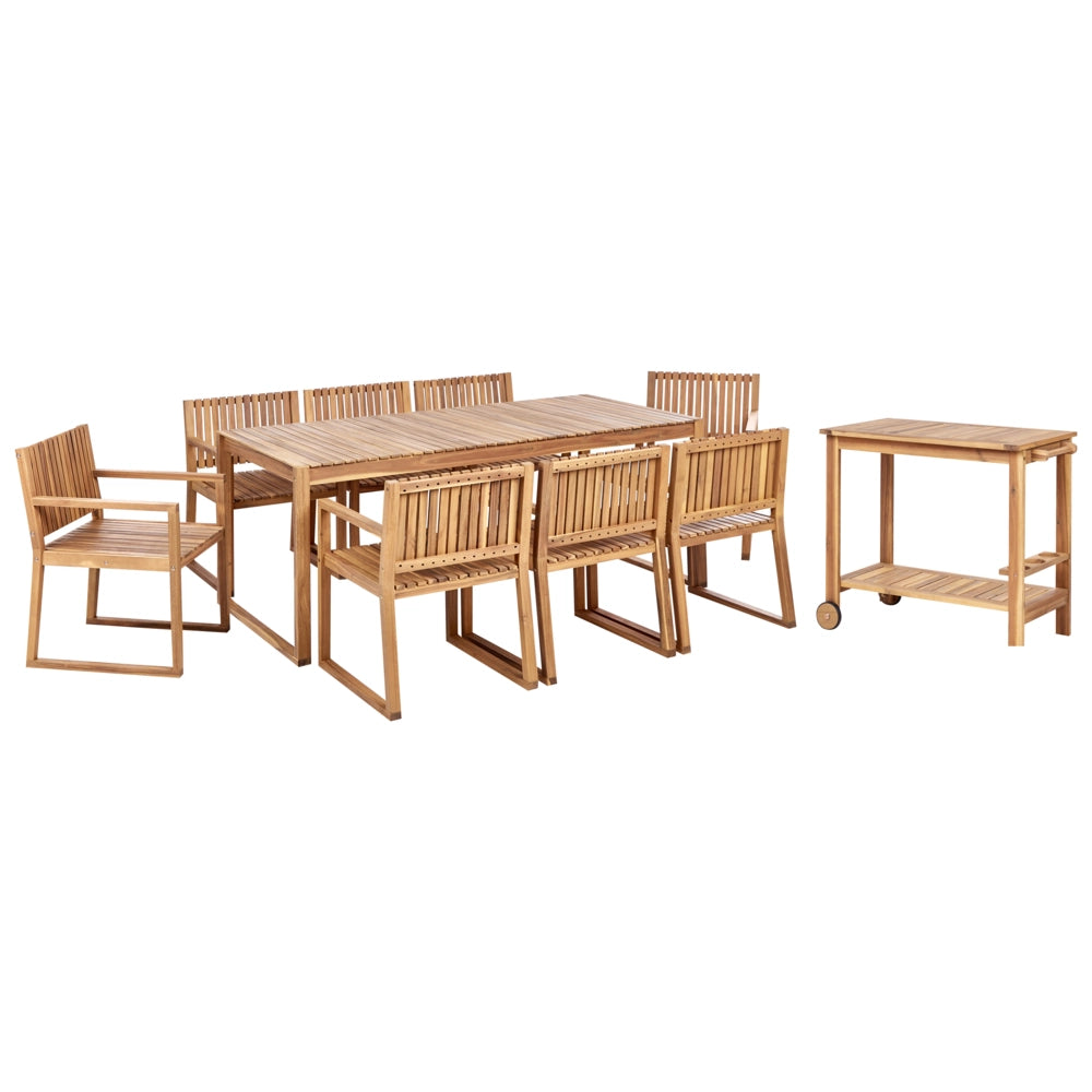 Set da pranzo rustico da 8 posti in legno d'acacia certificato tavolo e sedie con carrello resistente agli agenti atmosferici