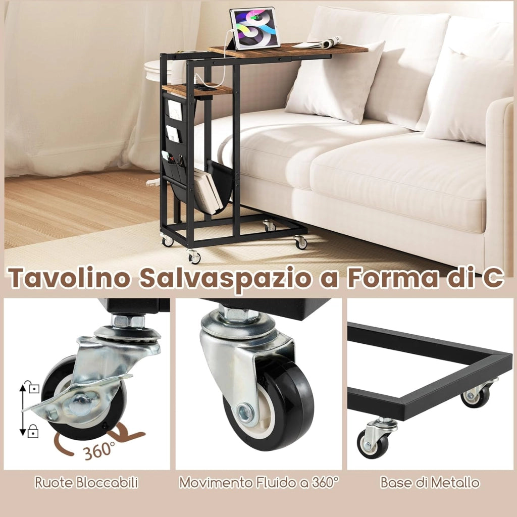 Tavolino da Salotto, Tavolino Laterale con Piano Retrattile e Prese di Corrente, Tasca per Riporre e Ruote Bloccabili, Tavolino per Soggiorno e Camera da Letto (Marrone)