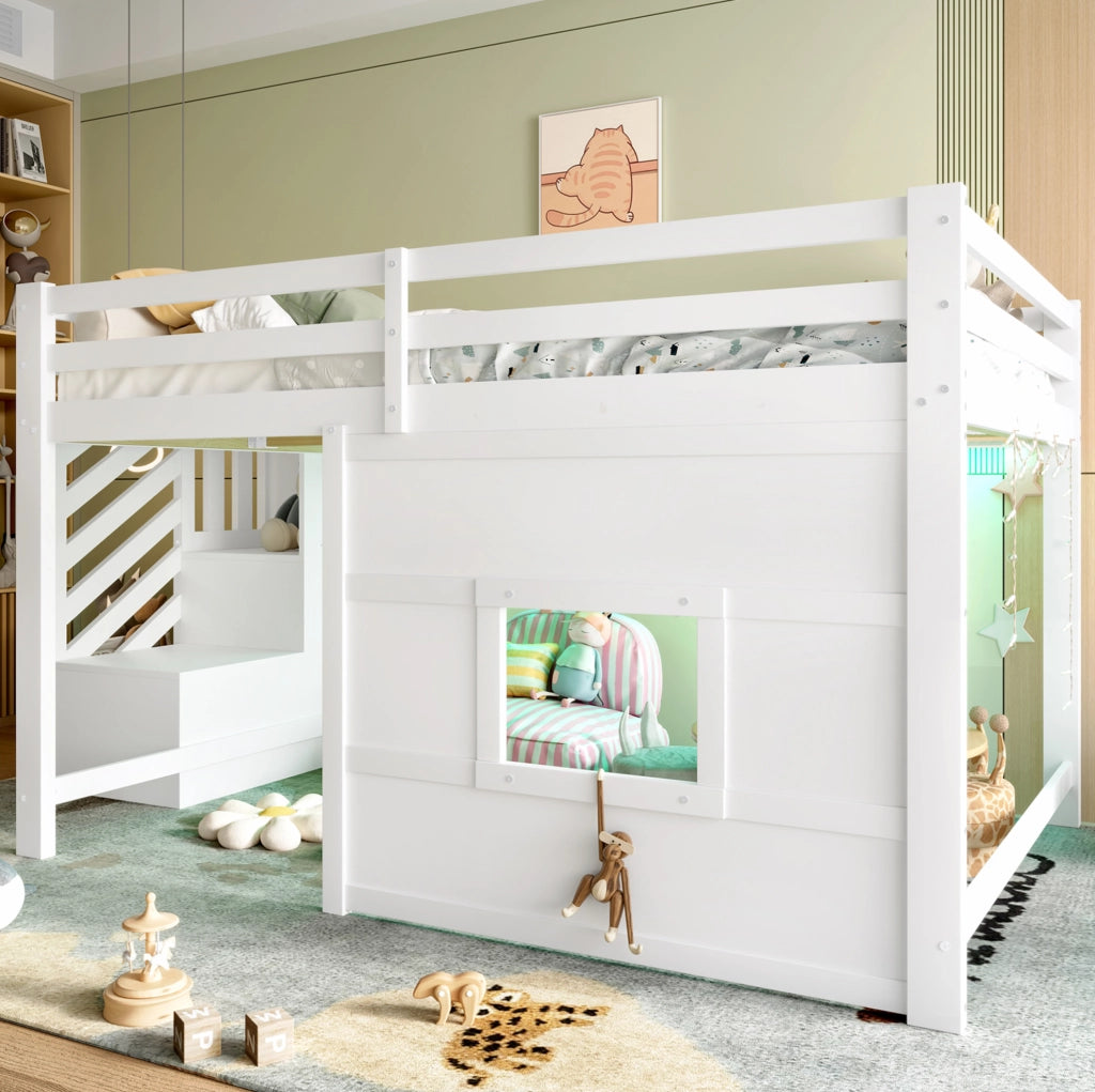Hochbett 140x200 con scala contenitore, finestra e LED integrato