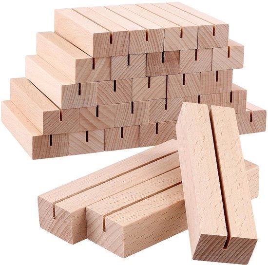 Set di 30 standard per cartoline in legno, 10 x 3 x 2 cm supporti per cartoline, contenitori con scanalatura 10 mm profonda, 2 mm di apertura, piatti per cartoline in legno con supporto per foto e nome per matrimoni