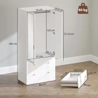 Armadio con specchio, 2 ante, 2 cassetti e asta appendiabiti, 80 x 50 x 180 cm, bianco