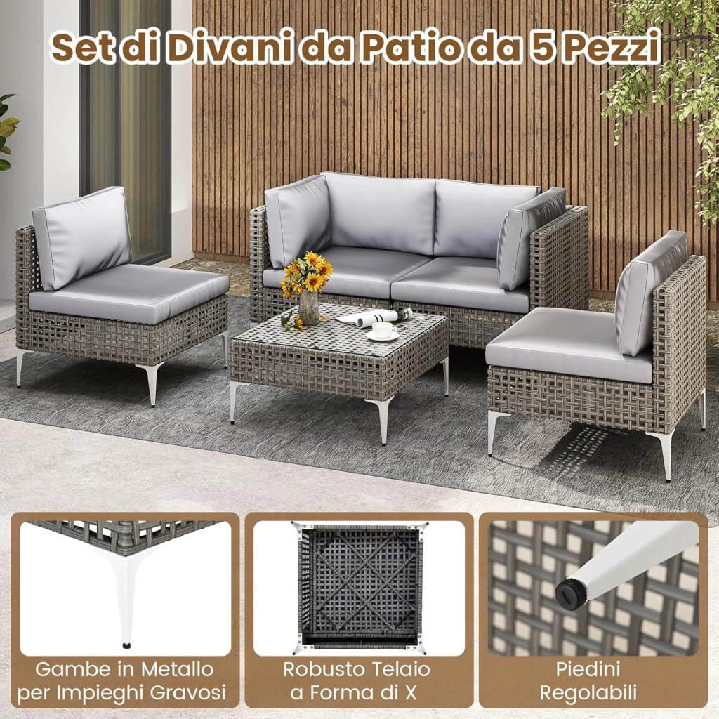 Tavolino e 2 Sedie da Giardino, Set da Conversazione in Rattan con Cuscini e Tavolino in Vetro Temperato, Set da Bistrò per Veranda, Balcone e Cortile (Modello 1,3 pezzi)