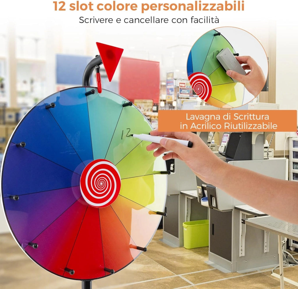 Ruota della Fortuna 40 CM con Supporto Tripode Pieghevole, Gioco Ruota con Altezza Regolabile e Vassoio, Pennarello e Gomma per Lavagna, Ruota Premio con 12 Slot per Festa