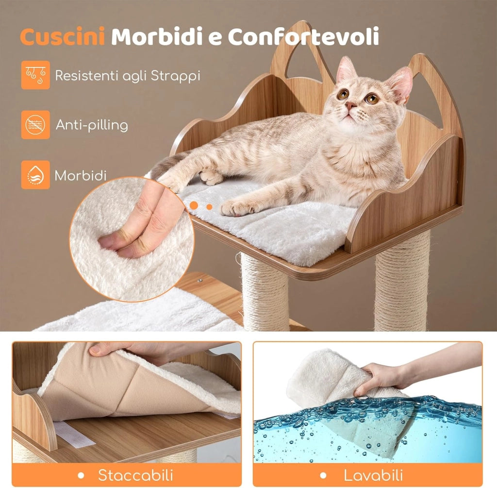 Albero per Gatti in Legno, Tiragraffi per Gatti per Interno con Condominio a 2 Piani, Piattaforma Superiore a Forma di Testa di Gatto, Posti per Grattare in Sisal e 3 Piattaforme con Cuscini