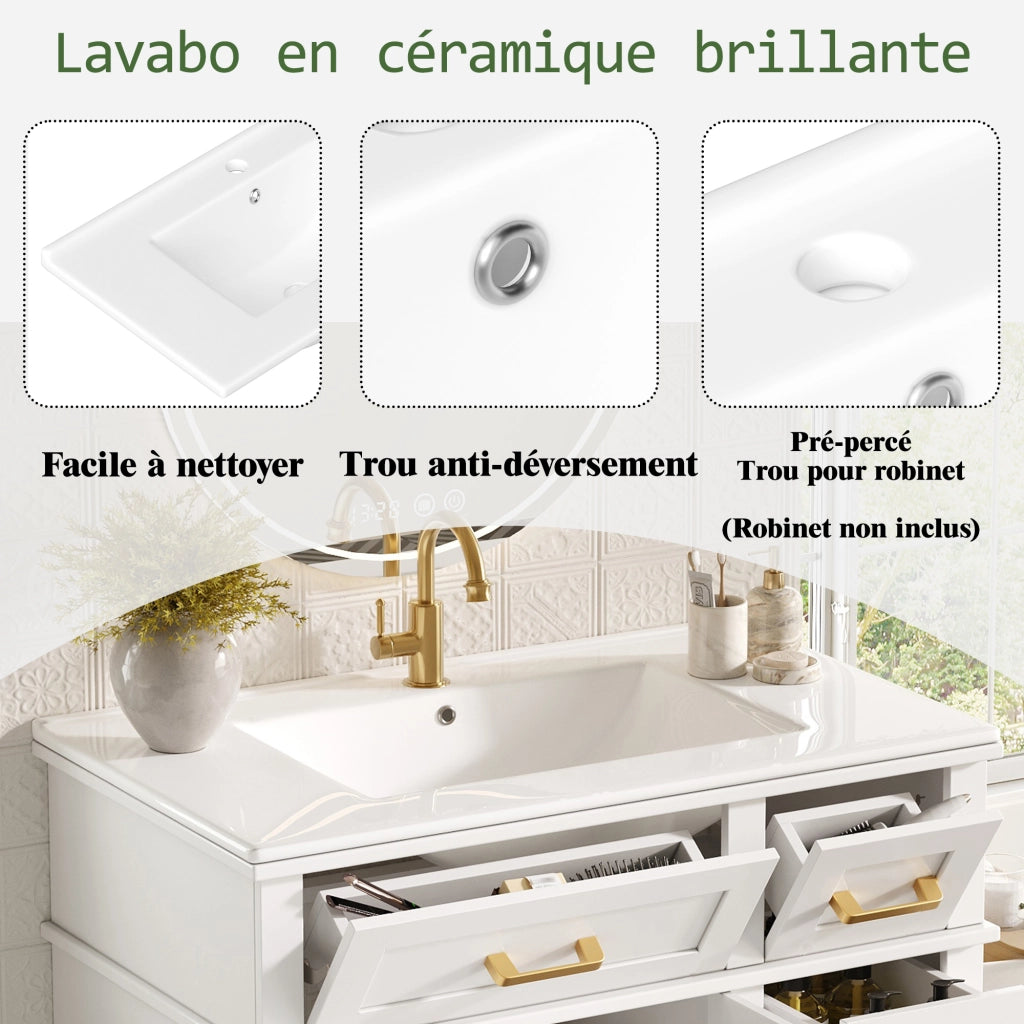 Mobile sottolavabo con lavabo in ceramica, cassetti e ante con soft-close, bagno bianco 76 × 46,5 × 86 cm