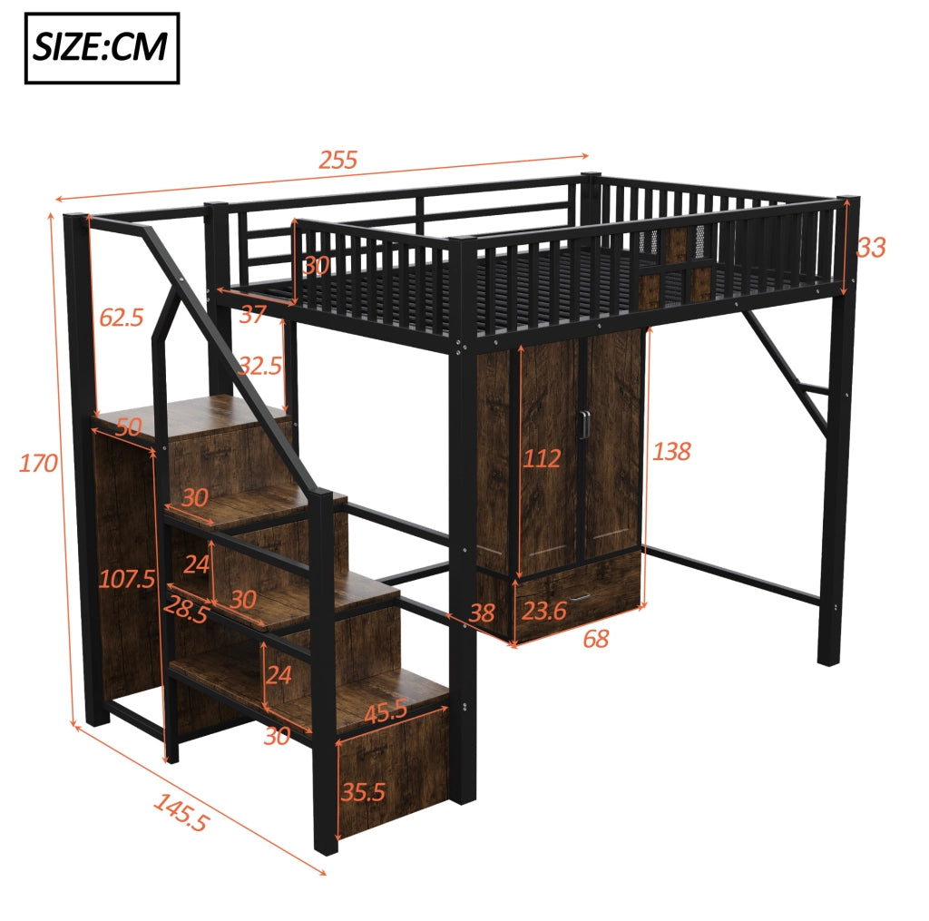 Letto a soppalco 140x200 cm con armadio e scala contenitore