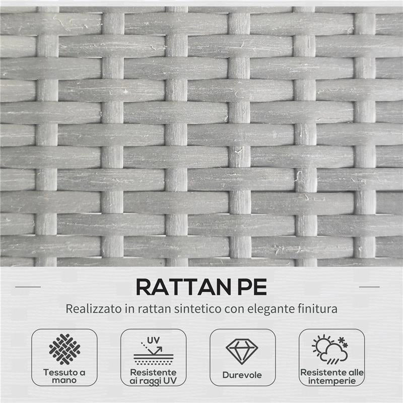 SET DA GIARDINO IN RATTAN PE STILE BOHO DIVANO 2 POSTI CON CHAISE LONGUE E TAVOLINO GRIGIO CHIARO