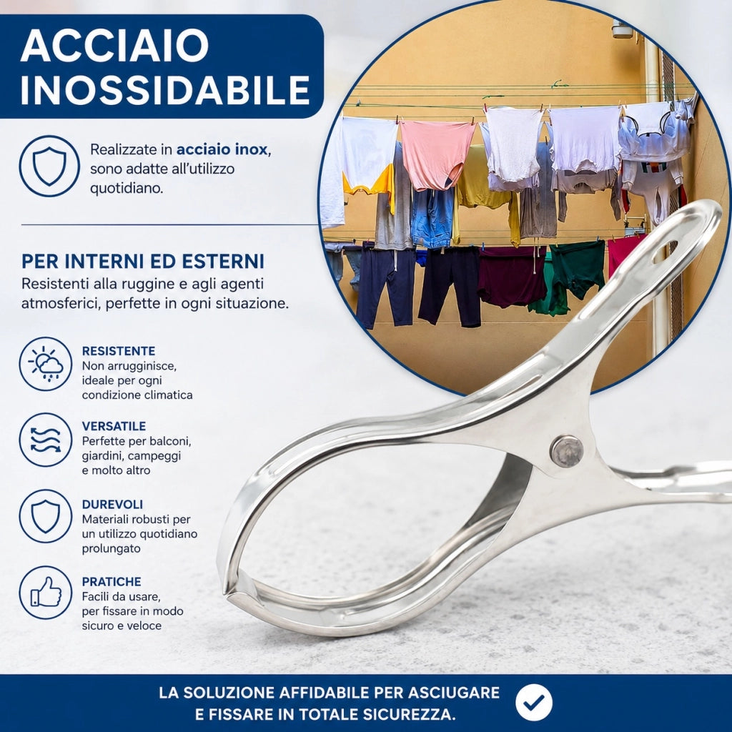 Set 12 Mollette Acciaio Inox 9 cm per Teli, Coperte, Bucato 72804