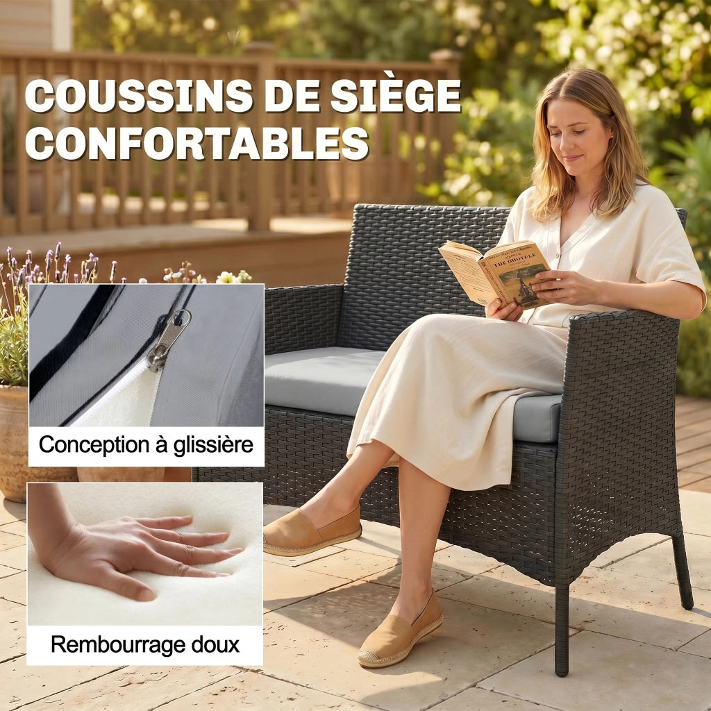 Set da giardino 4 posti in polyrattan con divani e tavolino in vetro ¨C zephmum ¨C grigio