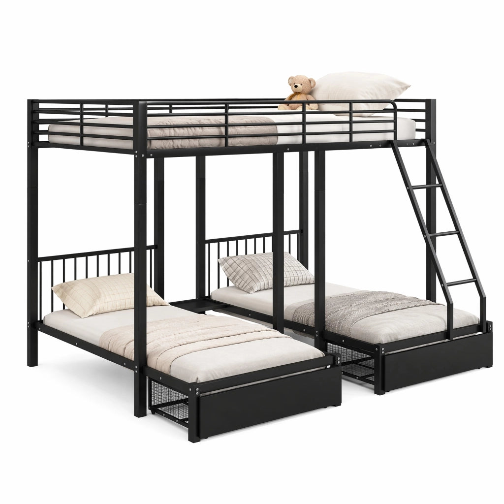 Letto a castello triplo in metallo con cassetti estraibili, trasformabile in 3 letti separati 140 x 200 e 90 x 200