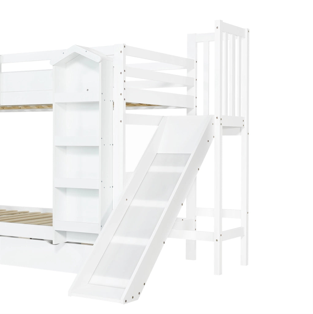 Letto a castello per bambini con scivolo; scala contenitore e 2 cassetti; bianco; 90x200 cm