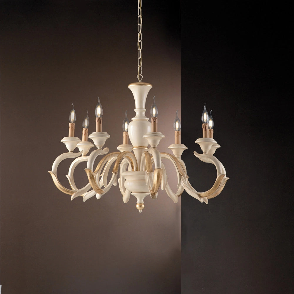 Lampadario Shabby Chic Fiorenza Legno Avorio Oro 8 Luci E14