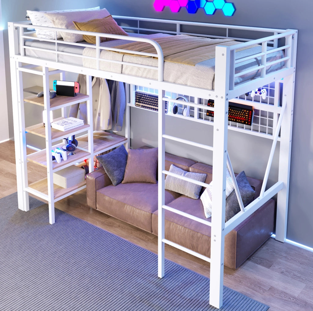 Letto a soppalco bianco 90x200 cm con LED e ripiani