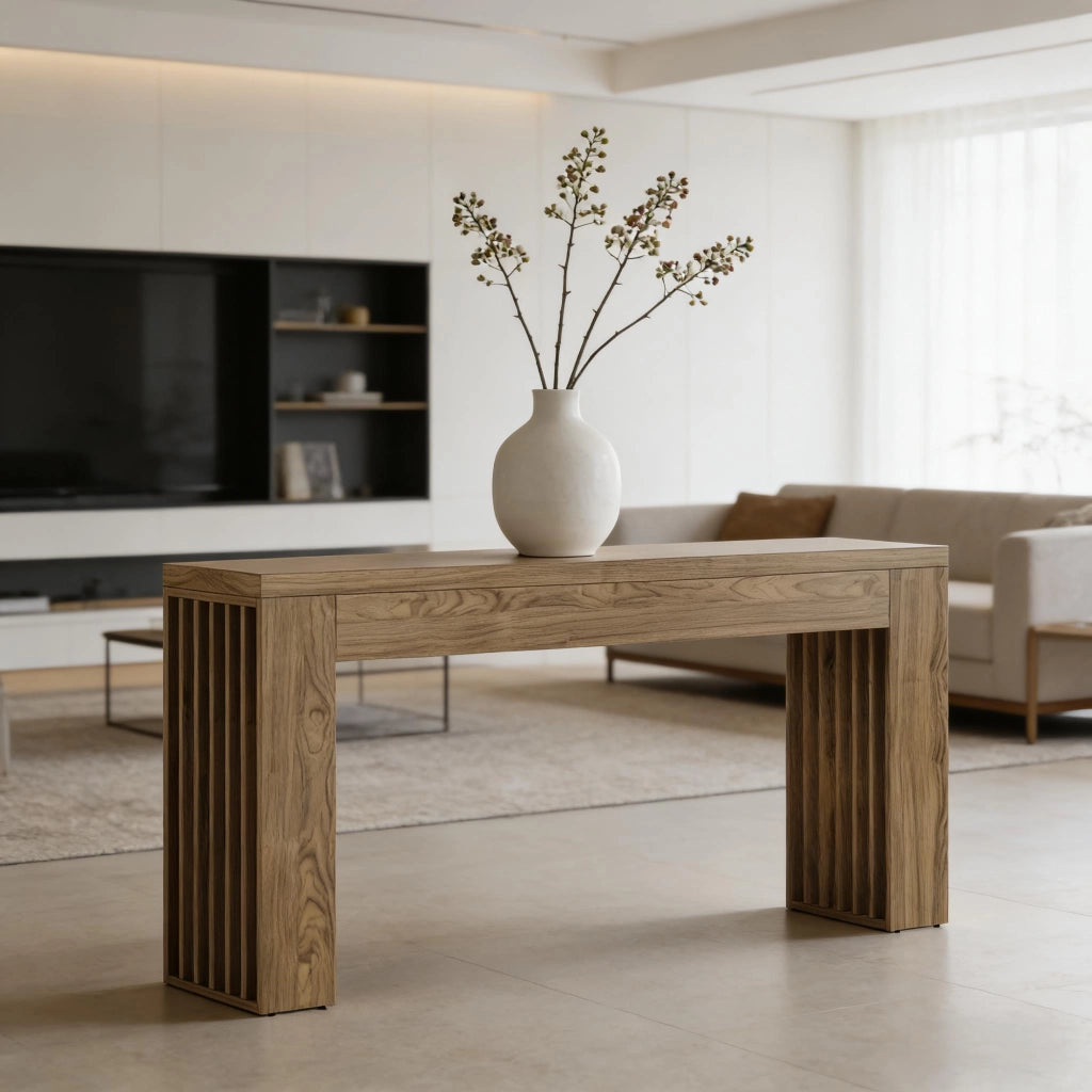 Consolle in MDF marrone stile farmhouse per ingresso e soggiorno con piano ampio e dettagli a lamelle verticali