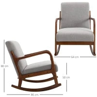 Poltrona a Dondolo Imbottita, Design Vintage in Legno e Poliestere Grigio, per Interni, Ufficio, Soggiorno, 64x86x80cm