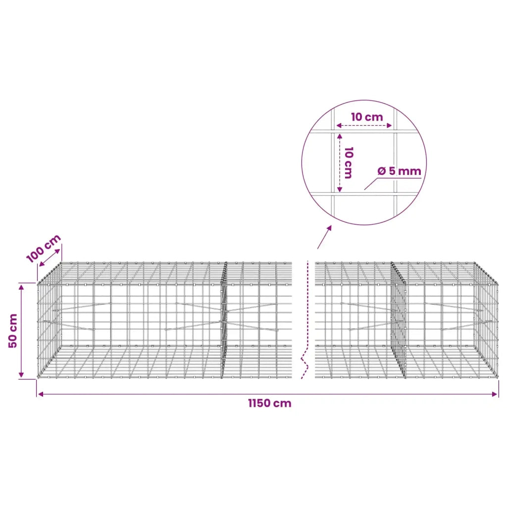 Gabione con Filo da 5 mm e Rete da 10x10 cm 1150x100x50 cm 3465305