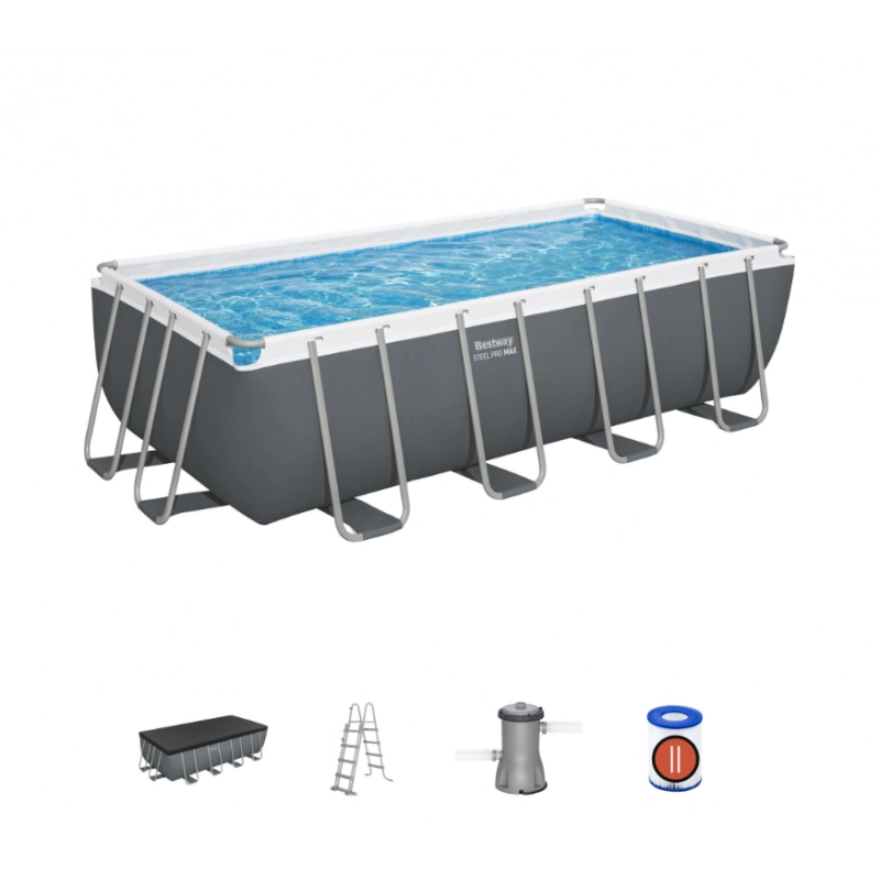 Piscina fuori terra rettangolare con telaio in acciaio e filtro a sabbia, 488x244x122 cm con scaletta e copertura capacità 11532 L - Bestway