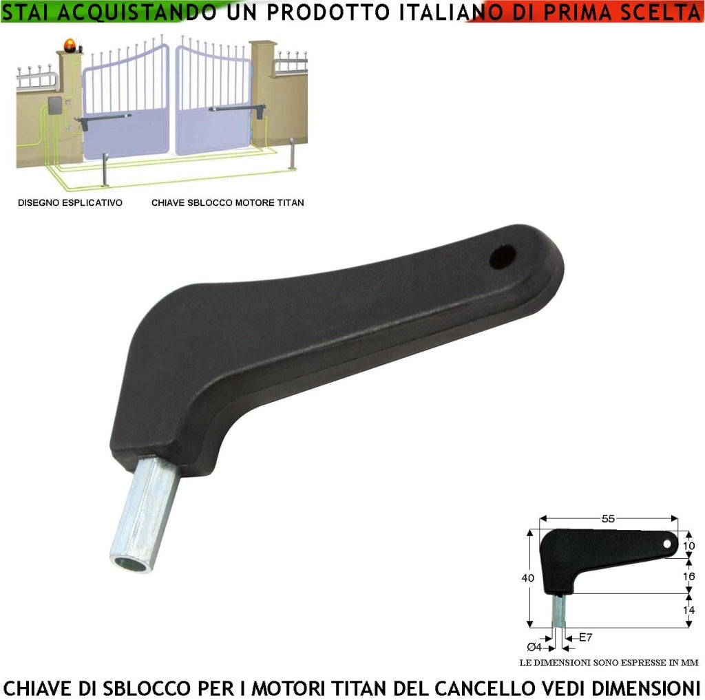Chiave per Motori Cancello Battente Serie Titan Linear Aster Mover Sblocco di Emergenza per Altri Motori Controllare le Dimensioni Esagono Acciaio Forato Incastonata Nella Custodia in Plastica Forata