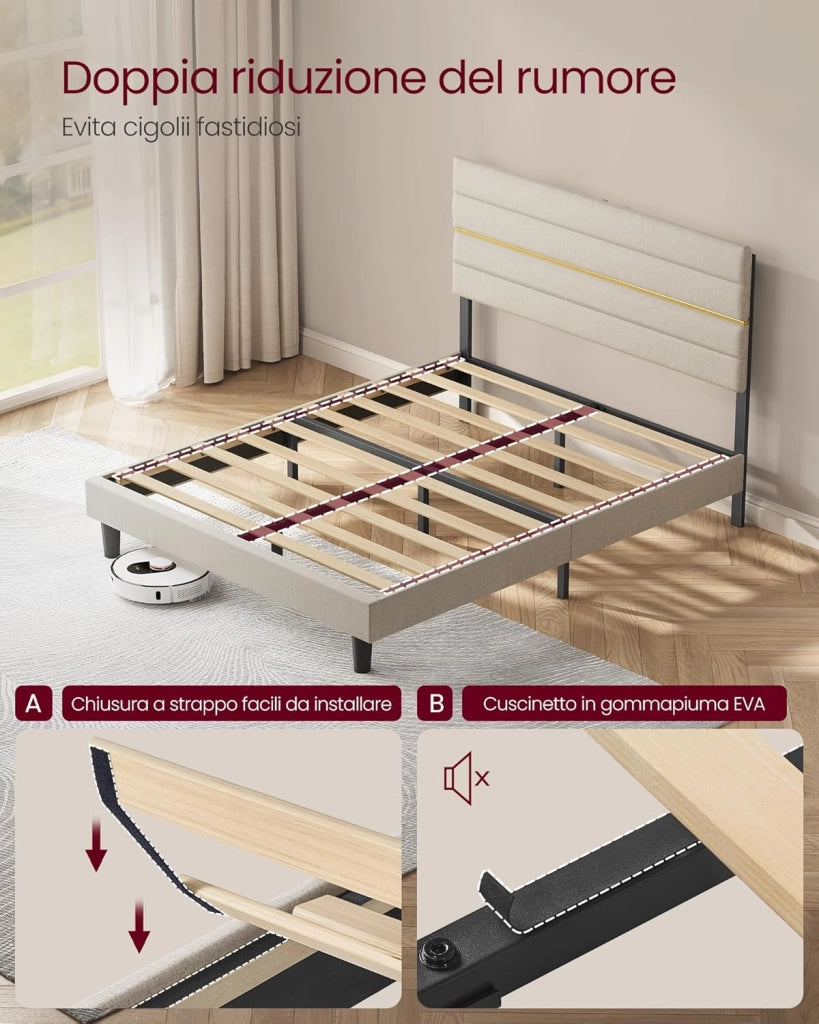 VASAGLE Struttura Letto Matrimoniale, Telaio Letto, per Materasso 140 x 200 cm, Testiera Imbottita Regolabile, Metallo e Legno, Moderno, Beige Cappuccino RMB504LH01