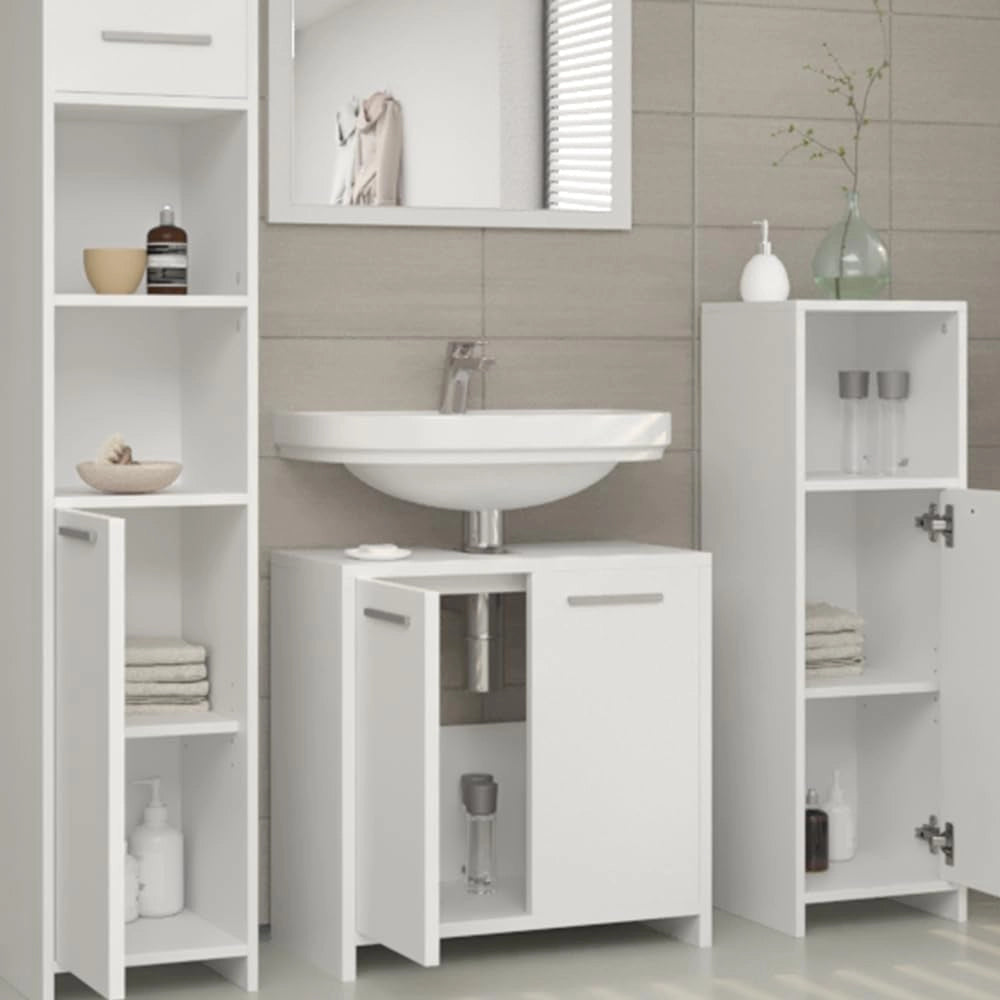 Set mobili bagno Kiko, Bianco, 58 cm, composto da specchio da bagno e mobile sottolavabo