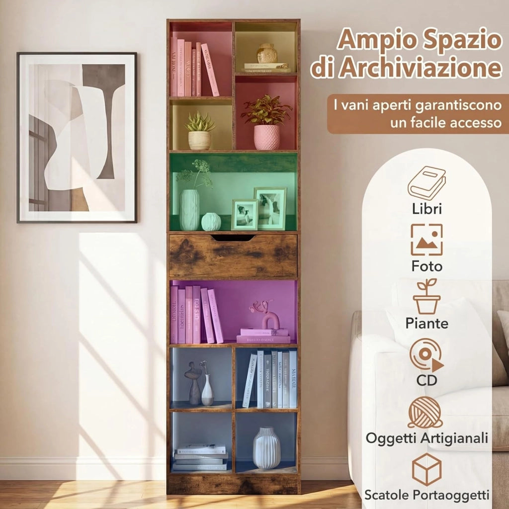 Libreria Verticale con 8 Cubi, 2 Ripiani e 1 Cassetto, Scaffale Libreria con 2 Dispositivi Antiribaltamento, Espositore Multiuso per Libri, Riviste e Dischi in Vinile, 50x24x180 cm