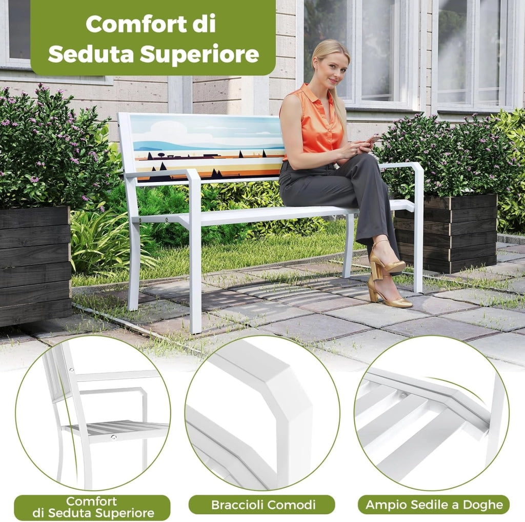 Panca da Giardino Decorativo Artistico in Metallo, Panchina da Esterno con Schienale Decorato, Panchina da Giardino 2-3 Posti per Terrazza (Bianco, 128 x 53 x 81,5 cm)