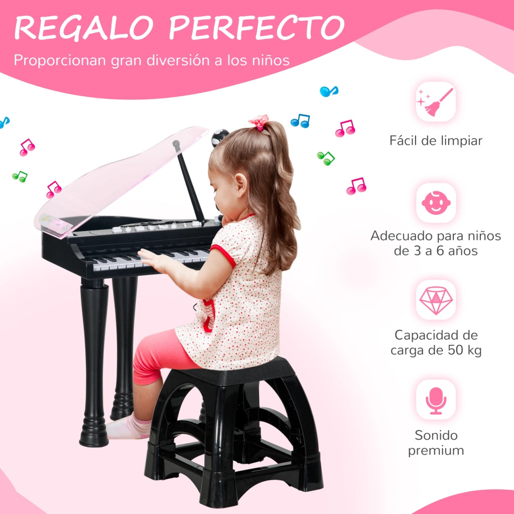 Pianoforte giocattolo bambini con microfono sgabello luci 22 canzoni ¨C zephmum ¨C nero 37x30,5x60,4 cm