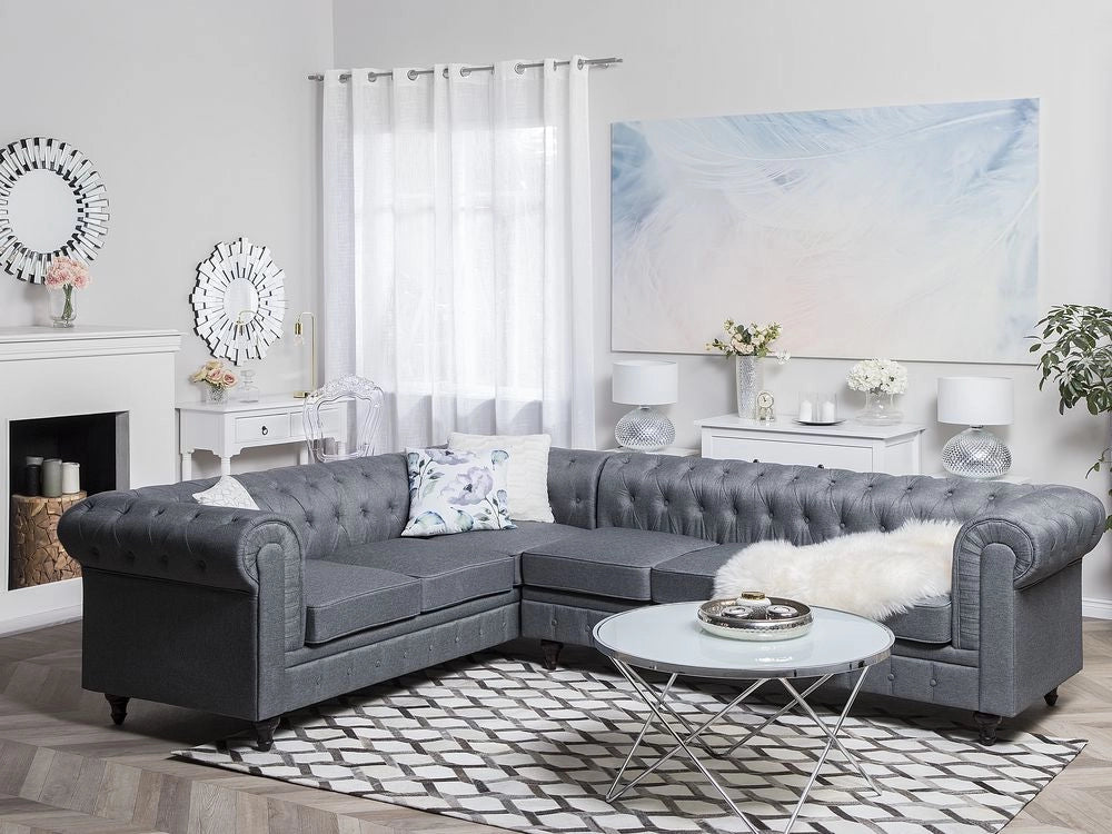 Chesterfield Divano ad angolo in tessuto versione destra Rivestimento in tessuto grigio Gambe in legno scuro Chaise 6 posti contemporanea