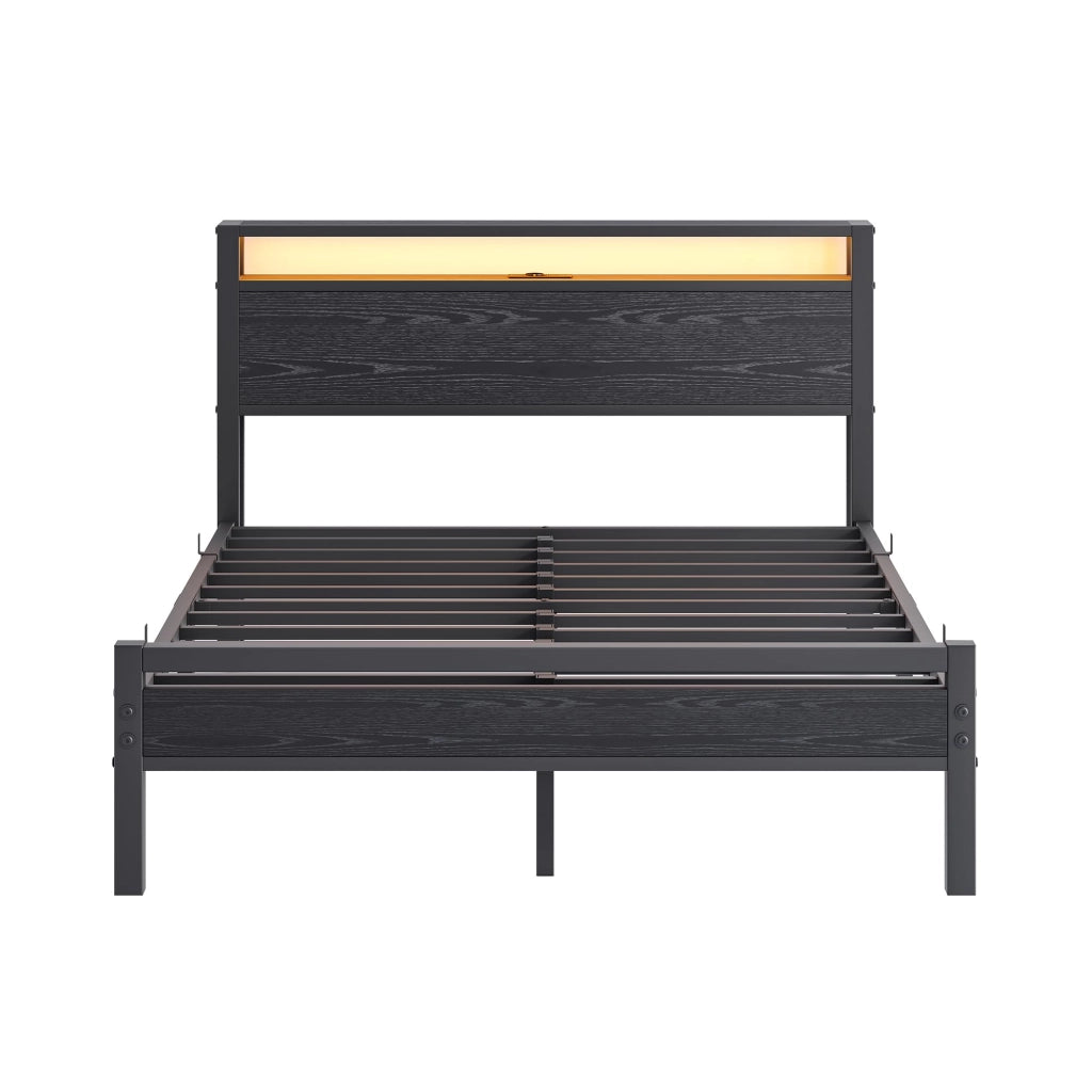 Letto matrimoniale 140×190 cm con contenitore; USB Type-C; LED; testiera con ripiani; senza materasso; nero