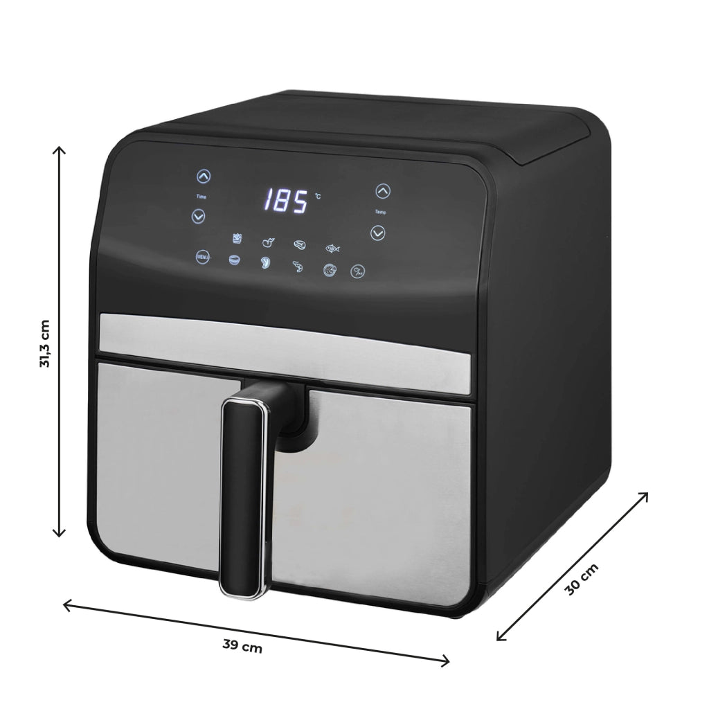 Friggitrice ad Aria 6,5L Digitale XL con Display LED Touch, 8 Programmi Automatici, Temperatura Regolabile fino a 200°C, Cestello Antiaderente, 1800W, Nero/Inox 6.5 Litri - Nero