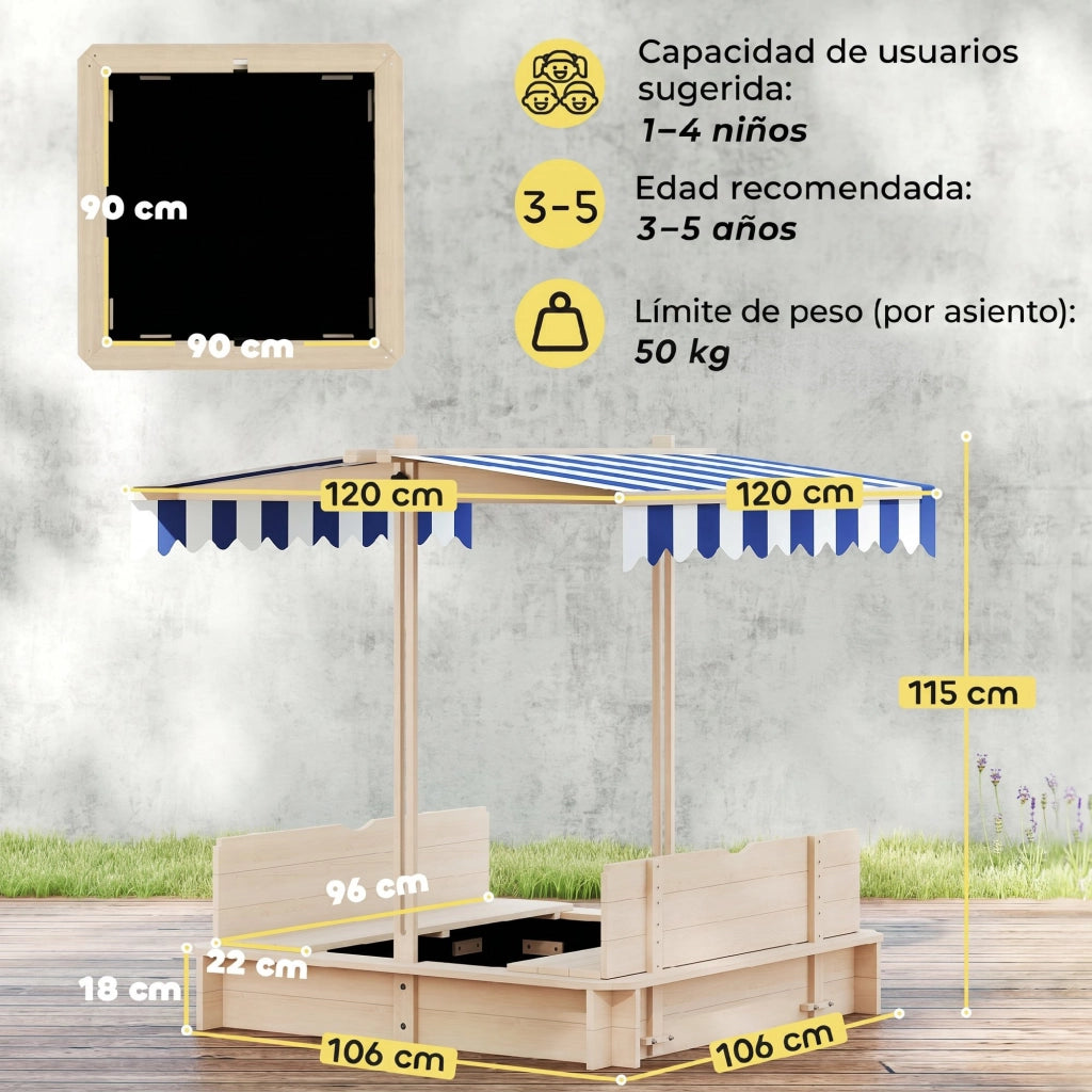 Sabbiera per bambini con tettoia regolabile e panchine - Xylo - Legno naturale 106x106x115 cm