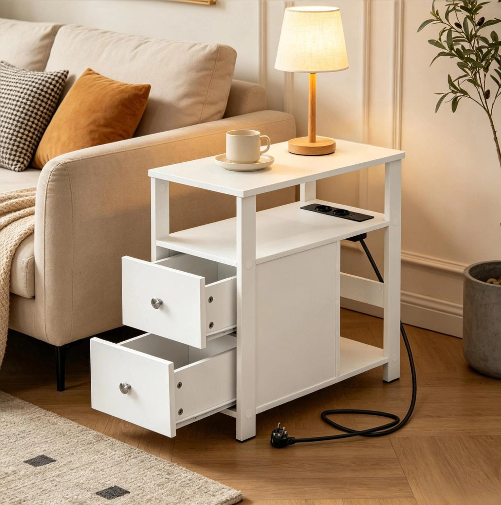 Tavolino 60x30x60 cm bianco con presa e 2 cassetti, pannelli in legno E1