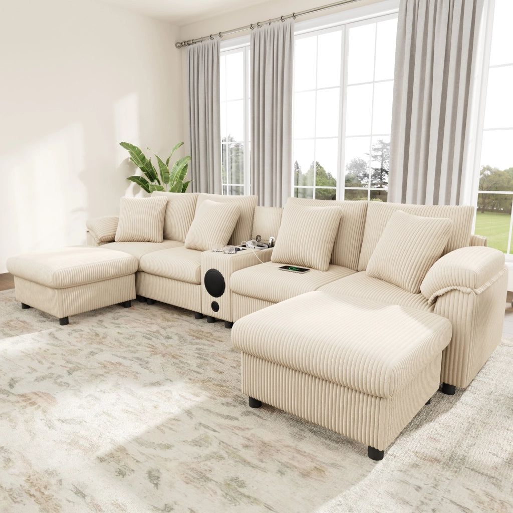 Divano modulare ULEVR 315,5x144 cm beige con console Bluetooth, ricarica wireless, USB/Type-C e portabevande