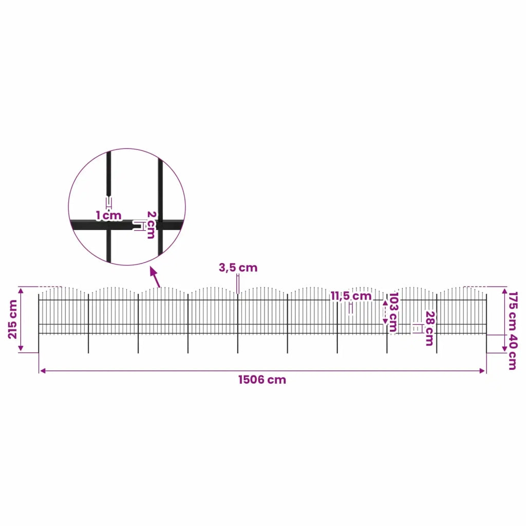 Recinzione da Giardino con Punta a Lancia in Acciaio 1506x175 cm Nero 277747