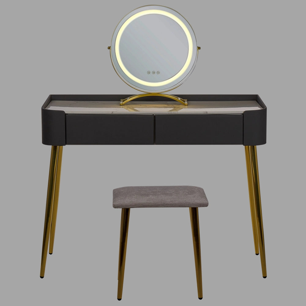 Toeletta con 2 cassetti specchio LED grigio e oro con sgabello camera da letto elegante