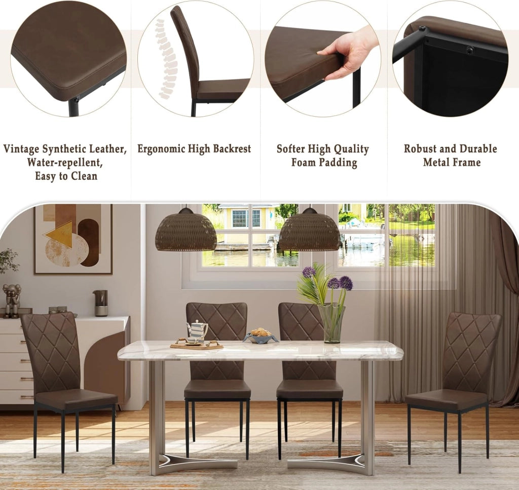 Set di 4 Sedie per Sala da Pranzo, Sedie da Cucina con Schienale Alto, con Gambe in Metallo e Rivestimento in Ecopelle Vintage, Marrone Scuro, BH380dbr-4