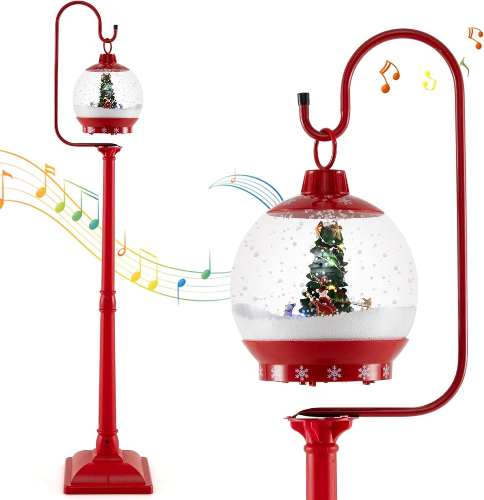 Decorazioni Natalizie, Lampione Natalizio con Neve 170 CM, Musica, Lanterna Natalizia Sfera di Cristallo Girevole a 360°, Fiocchi di Neve, Albero di Natale, Addobbi Natalizi per Esterno Interno