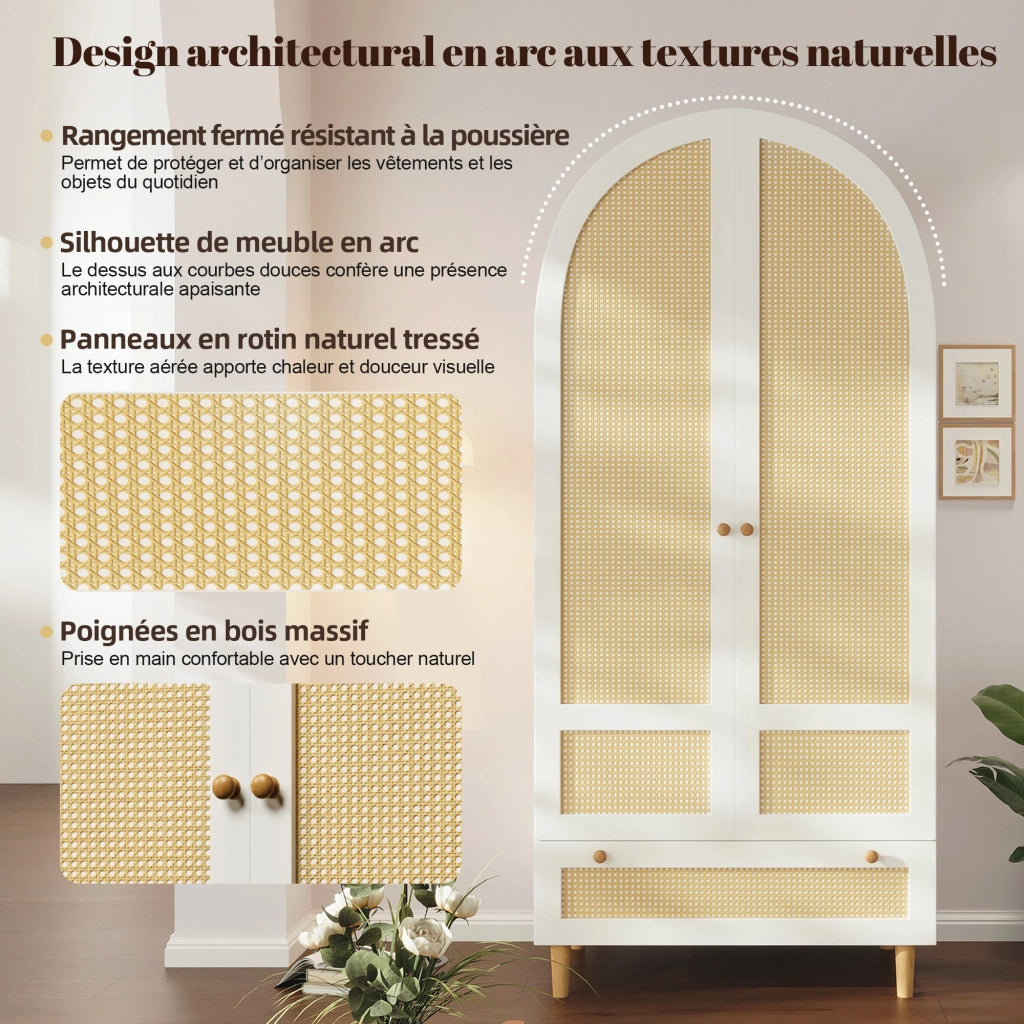 Armadio con asta e cassetto; design ad arco in rattan; per camera e ingresso; in MDF bianco; 80 × 50 × 180 cm