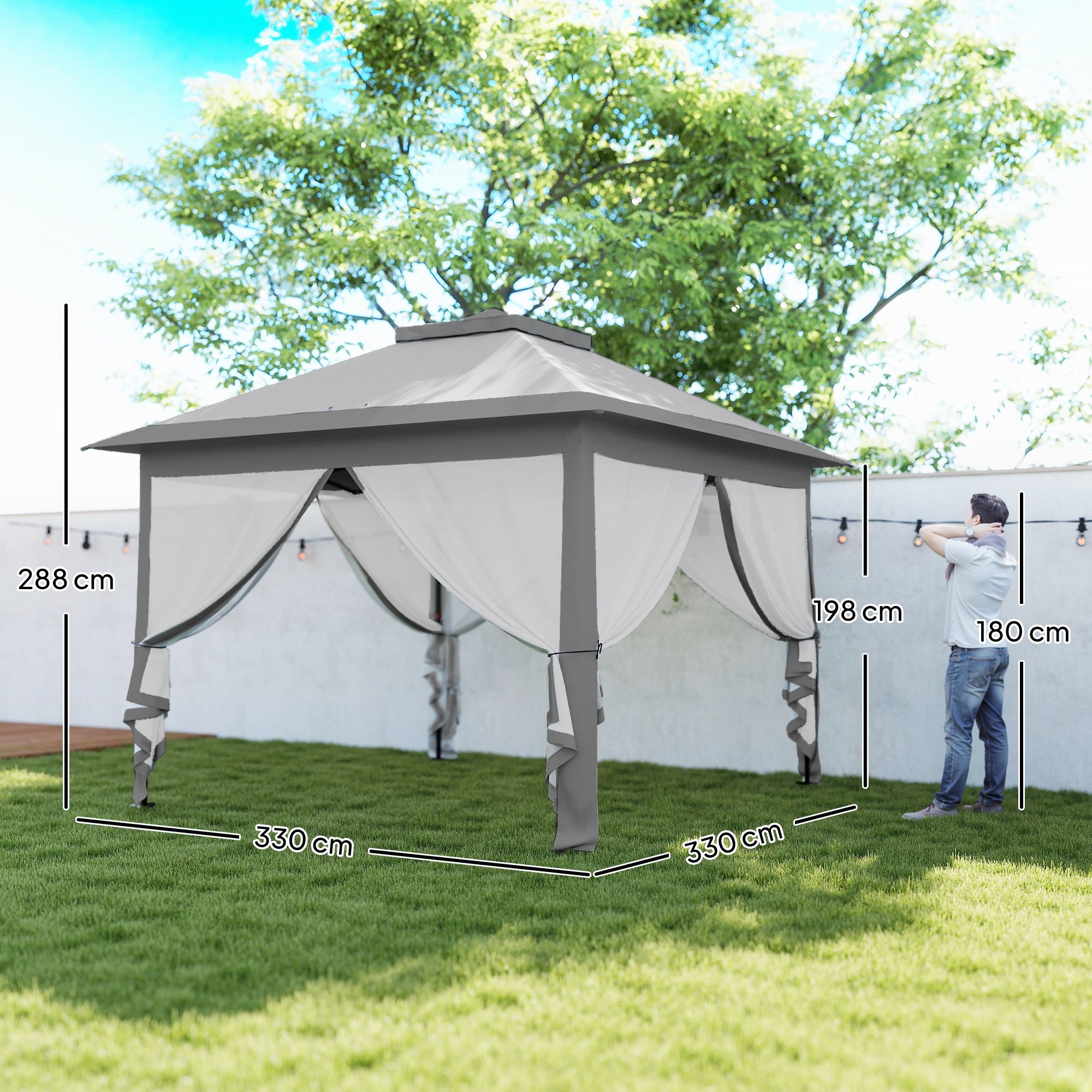 Gazebo da Esterno 330x330x280 cm Pieghevole ad Altezza Regolabile con Zanzariere Grigio