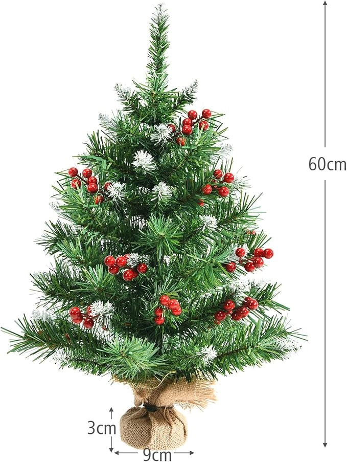 Mini Albero di Natale 60/90 cm, Albero di Natale Piccolo con Rami in PVC,12/15 Grappoli di Bacche Rosse, per Casa, Ufficio e Negozio (60 CM)