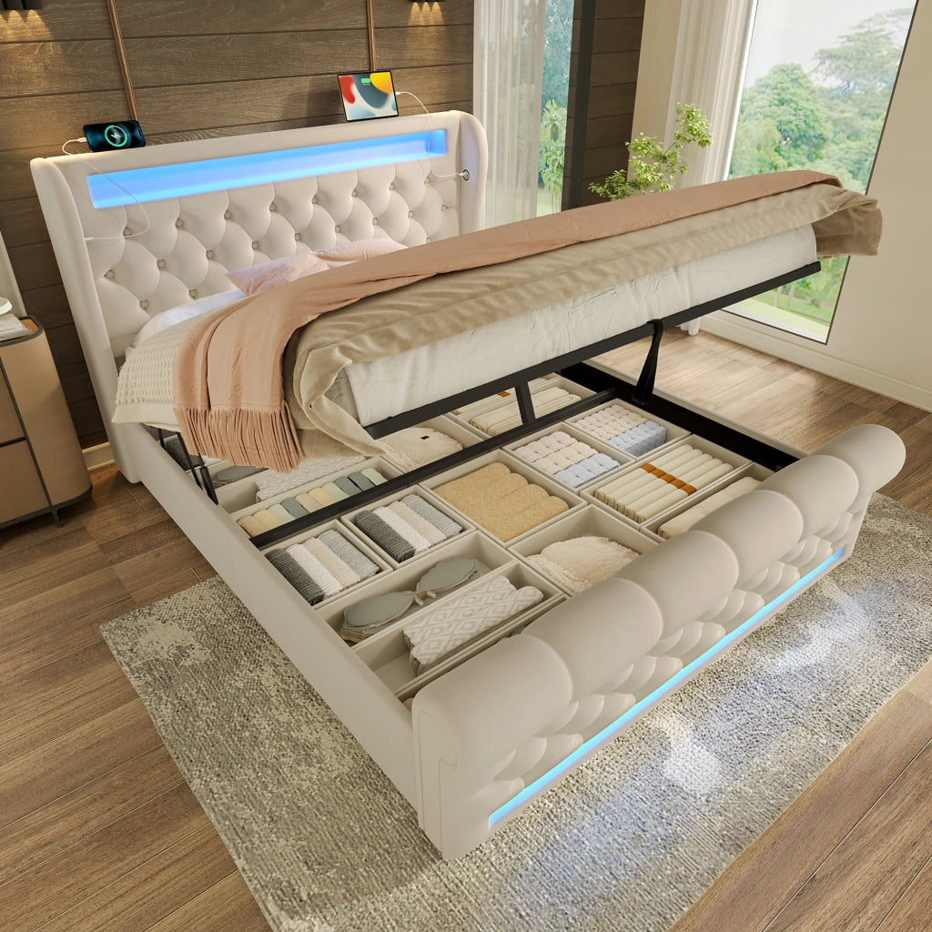 Letti contenitori 140x190 cm con LED; contenitore idraulico e USB Type C velluto beige (Senza materasso)