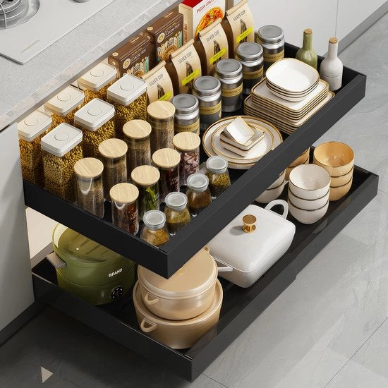 Telescopica per cassetti, cassettiera estensibile, installazione senza attrezzi con opzione colla o viti, contenitore regolabile e trasportabile per cassetti di cucina, 1 pezzo (nero)