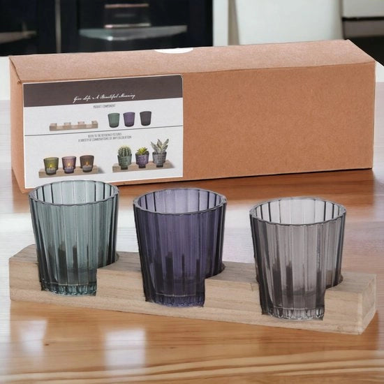 Sosteggi candela 4 pezzi - Piatto di legno per servizio - Supporti candela in vetro curvo - Decorazione da tavola elegante - Design moderno per l'arredamento - Lampada da tavolo accogliente - Supporto candela