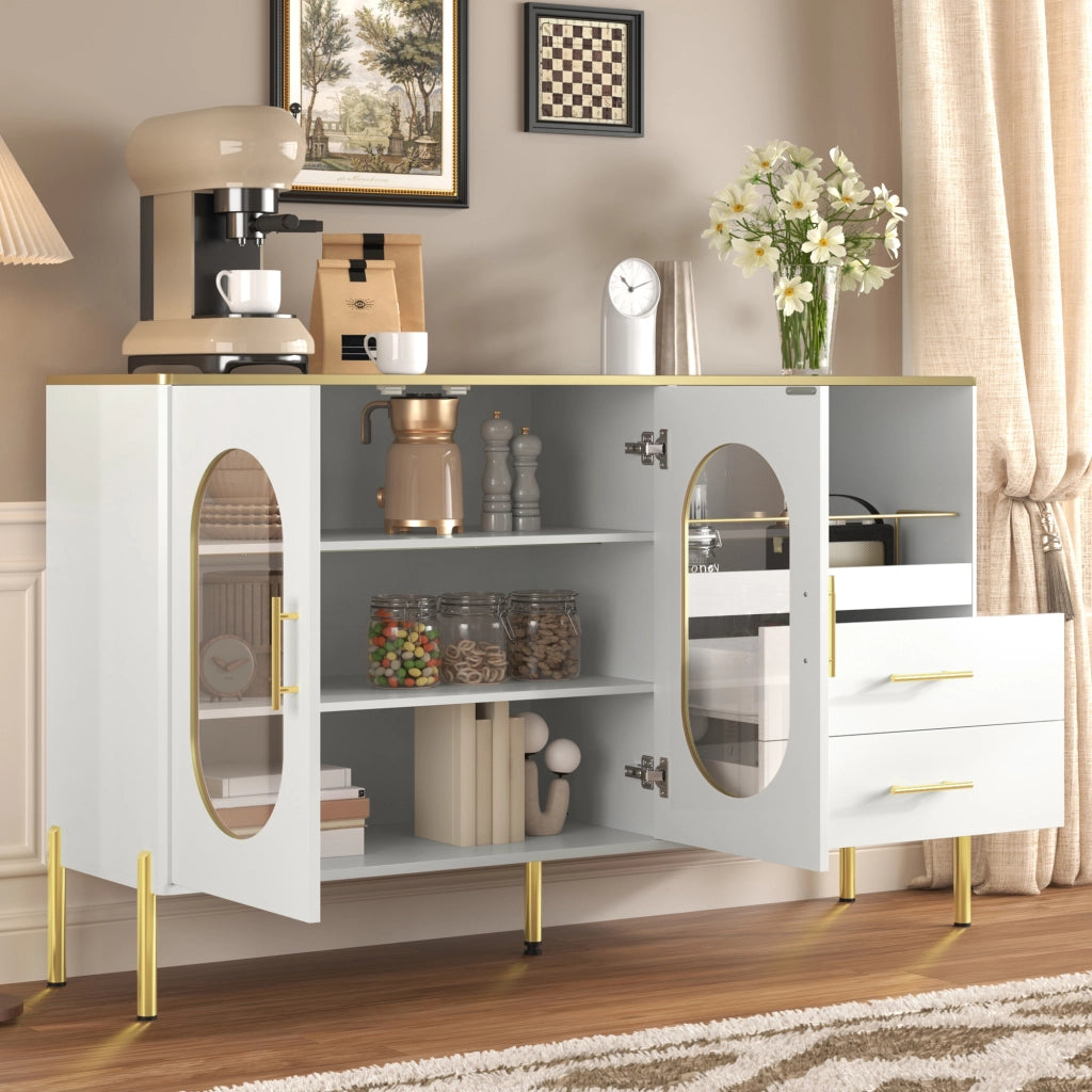 Madia con 2 Cassetti e 2 Ante in Vetro; Passacavi; per Soggiorno Sala da Pranzo; in MDF; 140×38×90 cm; Bianco