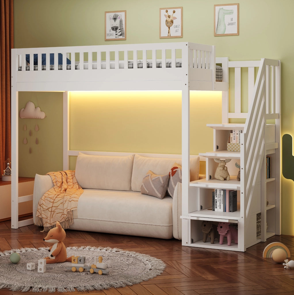 Letto a soppalco 90 x 200 cm con scala contenitore reversibile e LED; bianco
