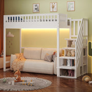 Letto a soppalco 90 x 200 cm con scala contenitore reversibile e LED; bianco