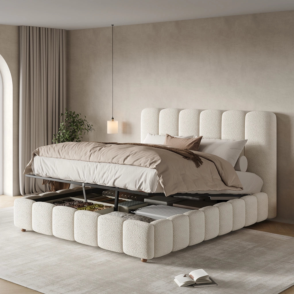 Letto imbottito con contenitore idraulico e testiera, 140x190 cm, bouclé bianco