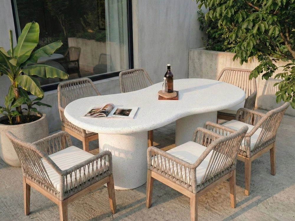 Tavolo da giardino effetto terrazzo bianco MgO 6 posti ruggine resistente alle intemperie forma irregolare sala da pranzo moderna per esterni e interni