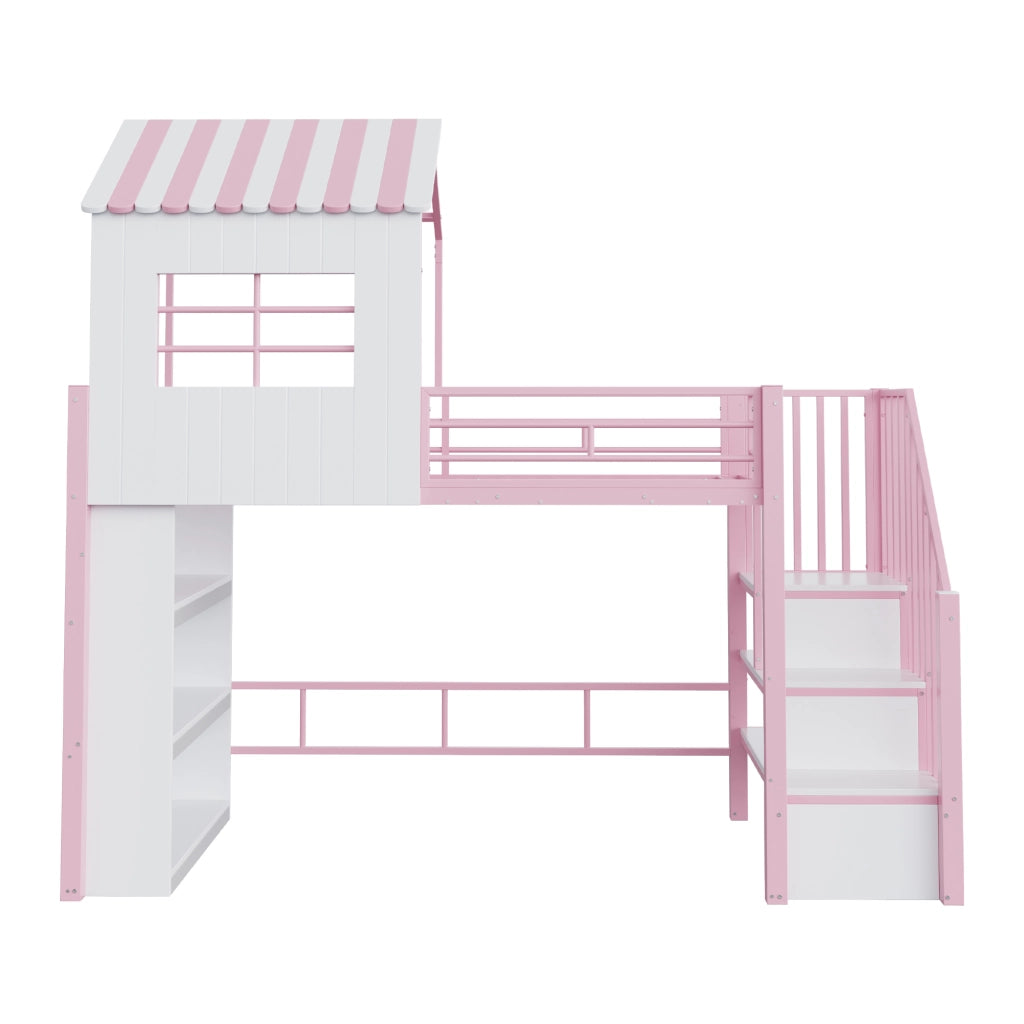 Letto in ferro 90×200 cm rosa design della casa corrimano alto mensole scala montabile su entrambi i lati